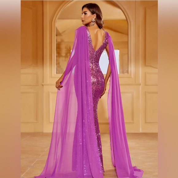 V Neck Sleeveless Sequin Mermaid Dress With Chiffon Cape - Picture 1 of 4